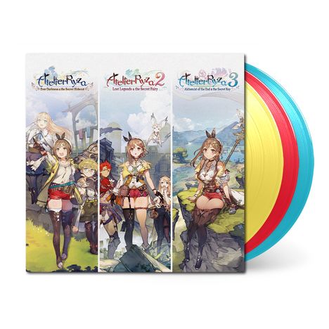 Atelier Ryza Titel auf Plattencover; Gelbe, blaue, rote Vinyls; Animefiguren in Abenteuerposen.