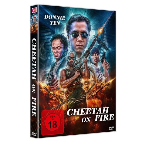 „CHEETAH ON FIRE“, „DONNIE YEN“. Illustration von bewaffneten Personen und Explosionen. FSK 18 Hinweis.