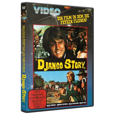 "DJANGO STORY", nicht freigegeben unter 18 Jahren, Western-Szenen mit dramatischer Action, Mann mit Gewehr im Fokus.