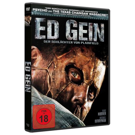 "ED GEIN: DER SCHLÄCHTER VON PLAINFIELD. FSK 18. Ein Gesicht mit gruseliger Maske in Nahaufnahme auf einer DVD-Hülle."