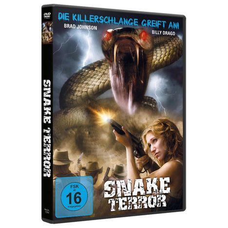 „Die Killerschlange greift an!“, „Snake Terror“, FSK ab 16. Eine große, bedrohliche Schlange vor stürmischem Himmel.