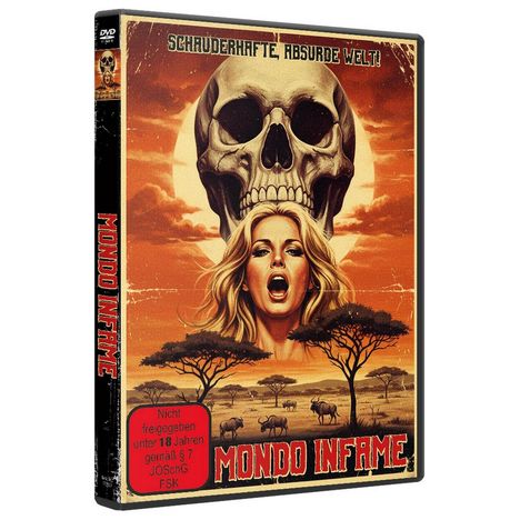 „SCHAUERHAFTE, ABsURDE WELT! MONDO INFAME“. Frau vor Totenkopf, rote Landschaft, Bäume und Tiere im Hintergrund.