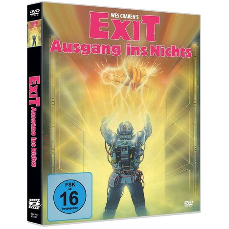 Text „Wes Craven's EXIT Ausgang ins Nichts“. Illustration: Mensch in Rüstung, Hände erhoben zu einer schwebenden Hand.