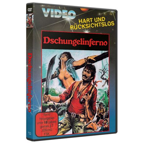 „Dschungelinferno“, nicht freigegeben unter 18 Jahren. Illustration von Abenteurern mit Machete im Dschungel.