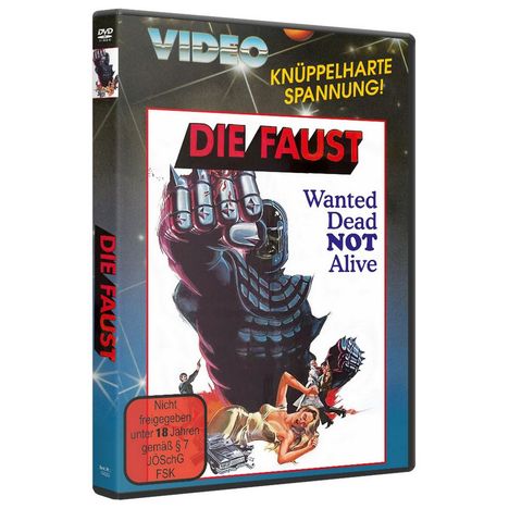 „VIDEO“, „KNÜPPELHARTE SPANNUNG!“, „DIE FAUST“, „Wanted Dead NOT Alive“. Illustration: Mann in Rüstung mit großer Faust.