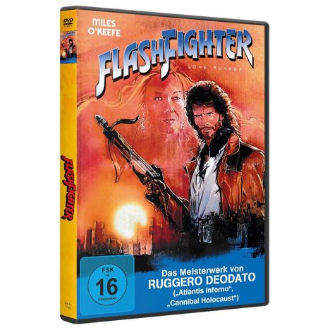 DVD-Cover mit Schriftzug "FLASHFIGHTER", Hauptdarsteller, Sonnenuntergang und Stadtlandschaft, FSK 16.