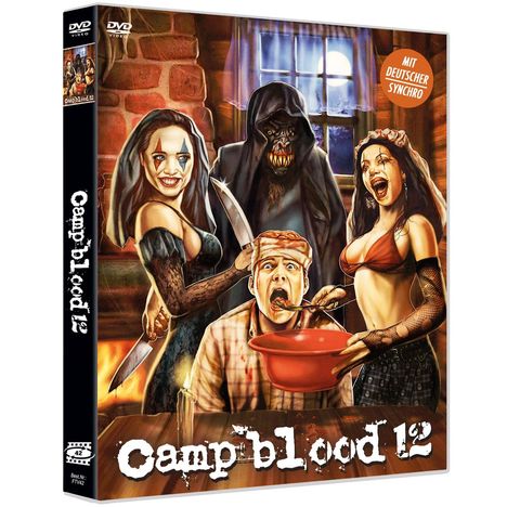 „Camp Blood 12“ prangt groß auf dem Cover. Schaurige Figuren umgeben eine verängstigte Person mit Messer und Schüssel.