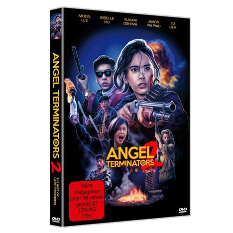 Text: "Angel Terminators 2", "Nicht freigegeben unter 18 Jahren". 
Illustration: Menschen mit Waffen, Explosion im Hintergrund.
