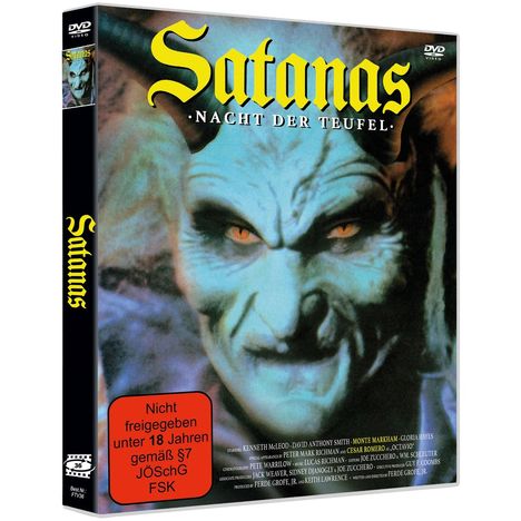 "Satanas - Nacht der Teufel", darunter ein blauer Teufel mit gelben Augen. Hinweis: "Nicht freigegeben unter 18 Jahren."