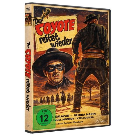 „Der Coyote reitet wieder“ ist prominent zu sehen. Darunter ein maskierter Mann, Cowboys im Hintergrund. Abenteuerfilm-Design.