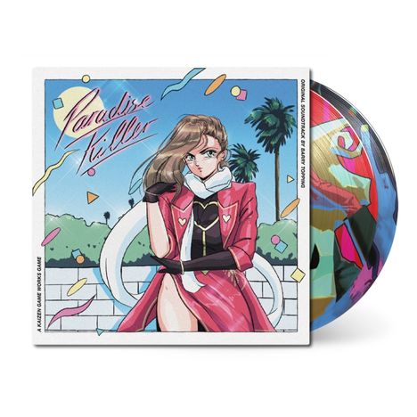 "Paradise Killer" in schwungvoller Schrift. Illustration: Frau in pinker Jacke, Palmen im Hintergrund, stilisiertes Design.