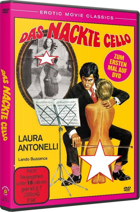 „Das nackte Cello“, „Zum ersten Mal auf DVD“. Illustration: Mann mit Frau und Cello; erotische Anspielungen.