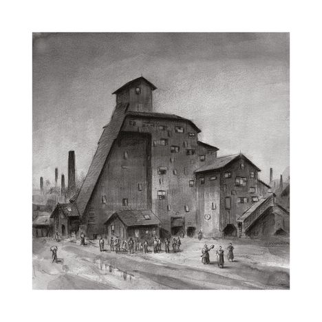 Illustration einer industriellen Landschaft mit großen Gebäuden und Menschenmengen im Vordergrund.