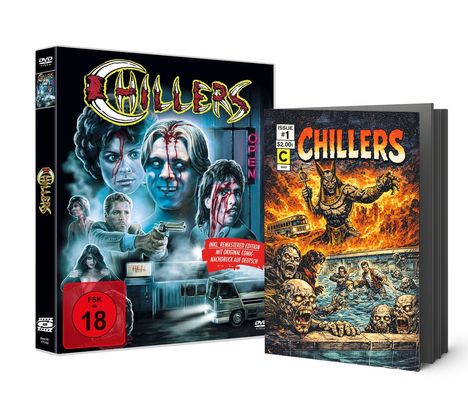 "Chillers" ist groß auf DVD-Hülle und Comic-Cover. Gruselige Gesichter und Szenen. FSK 18 Hinweis auf rotem Sticker.