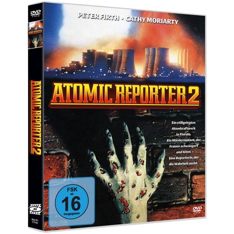 "Atomic Reporter 2" in großer gelber Schrift. Eine gruselige Hand mit Wunden vor einer Industrieanlage bei Nacht. FSK 16.