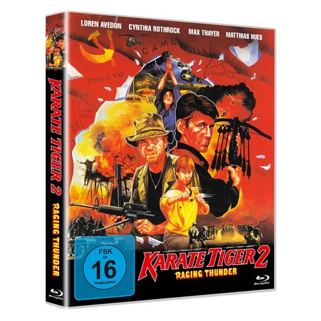 "Karate Tiger 2: Raging Thunder". FSK ab 16, Blu-ray. Illustrative Kampfszene mit Soldaten und orange-rotem Hintergrund.
