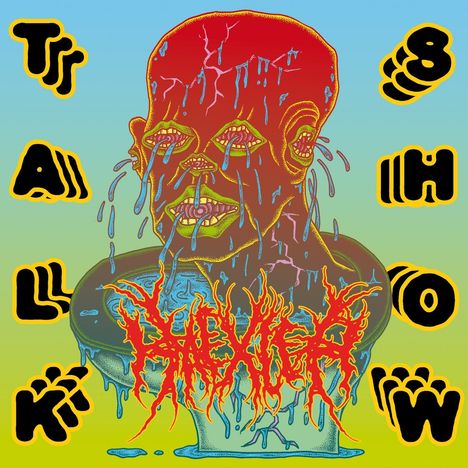 "Talk Show" und ein schwer lesbarer Text in der Mitte. Eine surreale Illustration eines Kopfes, aus dem blaue Flüssigkeit fließt.