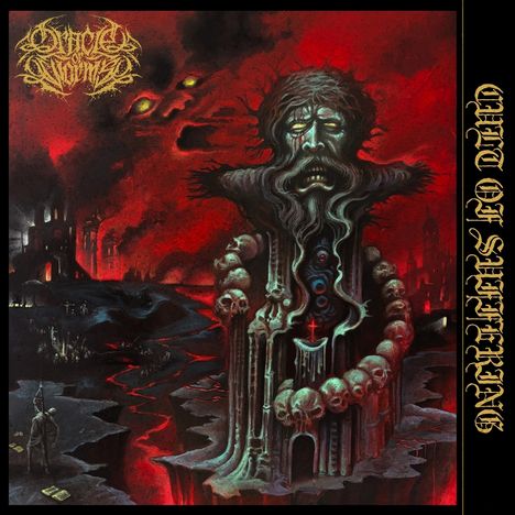 Text: "Imperial Triumphant" oben links und seitlich. 

Illustration: Düsteres, apokalyptisches Szenario mit rotem Himmel, furchterregender Figur, Totenköpfen und brennenden Ruinen.