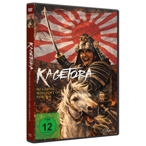 "Kagetora: Die große Schlacht der Samurai" steht groß. Ein Samurai auf einem Pferd, rotes Banner im Hintergrund. FSK 12.