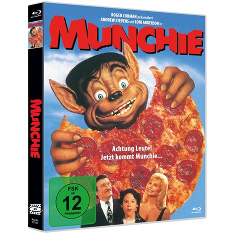 Texte: "Achtung Leute! Jetzt kommt Munchie." Illustration eines lachenden Wesens mit Pizza. FSK 12 Logo sichtbar.