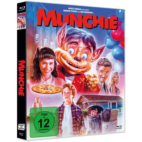 "MUNCHIE" in großen roten Buchstaben. Darunter lächelt ein Mischwesen mit Elfenohren, umgeben von Menschen, Pizza und Ballons.
