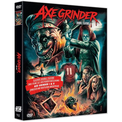 "Axe Grinder Double Feature" in roter Schrift, darunter: "Slasher Double Feature: Axe Grinder I & II (Englisch mit deutschen Untertiteln)."