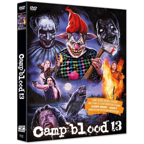"Camp Blood 13", unheimlicher Clown, bewaffnete Menschen, Hai, Feuer, Vollmond, dunkler Wald im Hintergrund.
