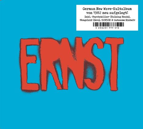 "German New Wave-Kultalbum von 1982 neu aufgelegt! ERNST" steht groß. Im Hintergrund ist ein blaues Farbfeld.