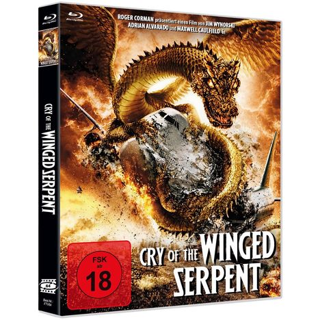 "CRY OF THE WINGED SERPENT", FSK 18, goldener Drache greift ein Flugzeug an, explosiver Hintergrund.