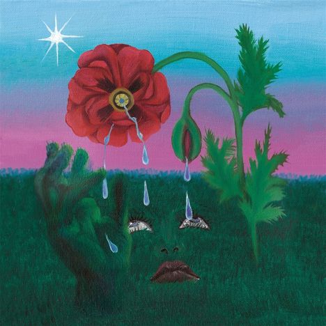 Gemälde: Eine große, rote Blume mit einer weinenden, unsichtbaren Gesichtskontur darunter, vor blau-lila Himmel.