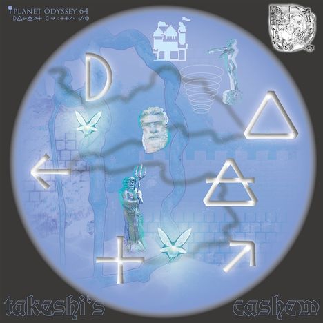 Text: "PLANET ODYSSEY 64", "takeshi's", "cashew". Illustration: Farben in Blau und Weiß, geometrische Symbole, Statuenfragmente.