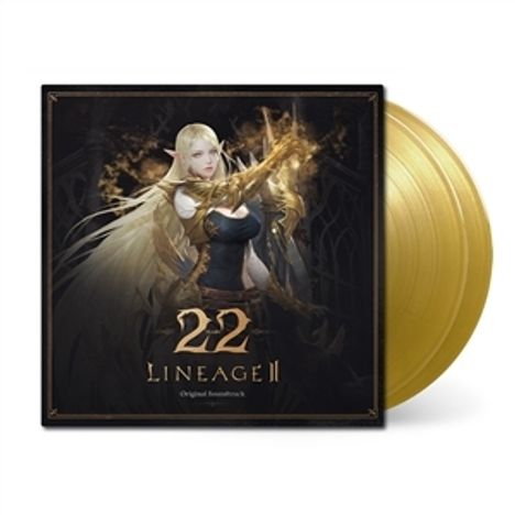 „22 Lineage II Original Soundtrack.“ Eine Elfe mit goldenem Haar und Rüstung, zwei goldene Schallplatten im Hintergrund.
