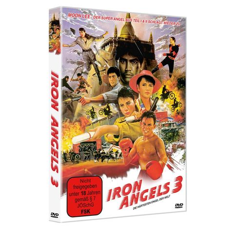 "MOON LEE - DER SUPER ANGEL AUS TEIL I & II SCHLÄGT WIEDER ZU" oben, "IRON ANGELS 3" unten, Kampfszenen, Explosionen.