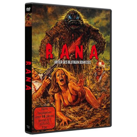 "RANA: HÜTER DES BLUTIGEN SCHATZES". Illustration: Monster hinter panischen Menschen im Wasser. Textbox: „Nicht freigegeben unter 18 Jahren“.