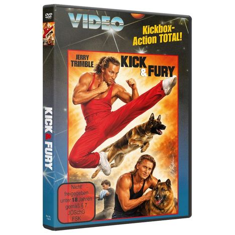 „Kick & Fury“, „Kickbox-Action TOTAL!“, „Nicht freigegeben unter 18 Jahren“. Mann im Sprung, aggressive Pose, zwei Hunde.