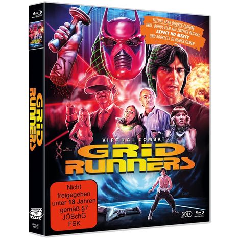 „GRID RUNNERS“ in gelben Buchstaben. „Nicht freigegeben unter 18 Jahren“ FSK-Hinweis. Illustration mit futuristischen Figuren.