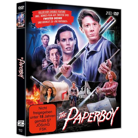 „Killer Kids Double Feature“, „Nicht freigegeben unter 18 Jahren“. Illustration mit Personen und düsterer Atmosphäre.