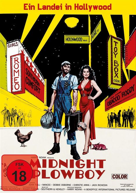 Oben steht "Ein Landei in Hollywood". Unten "Midnight Plowboy". Illustration mit Mann in Latzhose und Frau im roten Kleid.