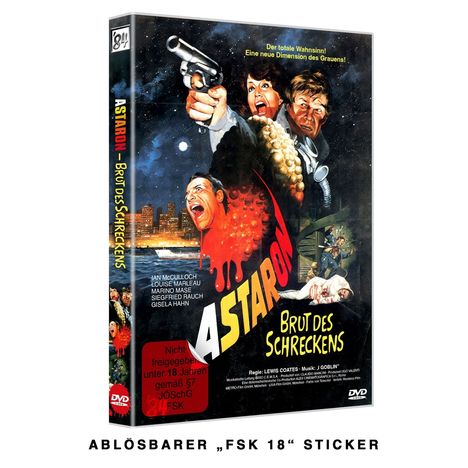 "ASTARON - BRUT DES SCHRECKENS". Menschen in Panik und eine Pistole. Aufschrift: "FSK 18" Sticker.
