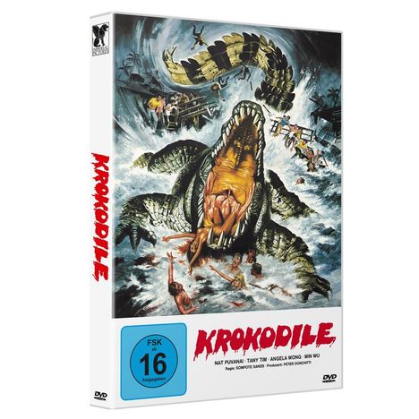 Roter Schriftzug "Krokodile", FSK 16. Illustration: Riesenkrokodil attackiert Menschen im Wasser. Aufregende Szene.