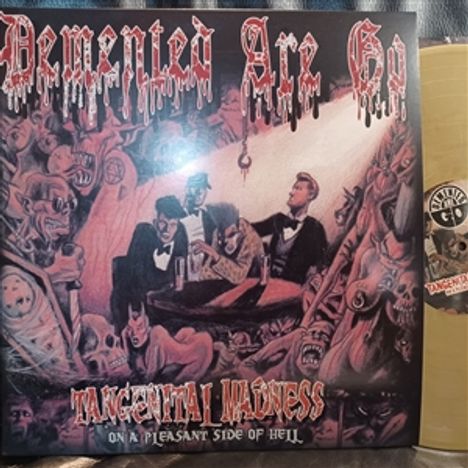 „Demented Are Go“ und „Tangenital Madness on a Pleasant Side of Hell“. Illustration: Dämonen und Personen in formeller Kleidung.