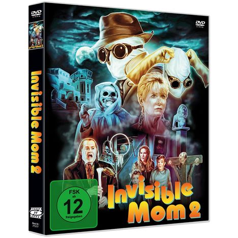 „Invisible Mom 2“, FSK ab 12. Illustration: Unsichtbare Figur mit Hut, geisterhafte Gestalten, Schloss, Familie in Horror-Szene.