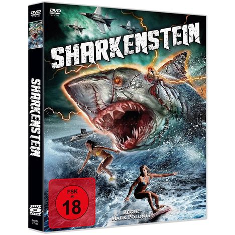 SHARKENSTEIN, FSK ab 18, Regie: Mark Polonia. Illustration: Ein riesiger Hai mit Narben greift Surfer an, Jets fliegen oben.