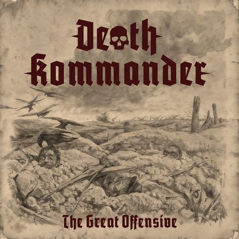 "Death Kommando" oben, "The Great Offensive" unten. Illustration eines Schlachtfeldes mit Trümmern und Soldaten.
