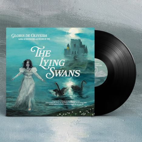 „The Lying Swans“, Gemälde mit Frau in weißem Kleid, schwarzer Schwan, Schloss und Vollmond im Hintergrund.