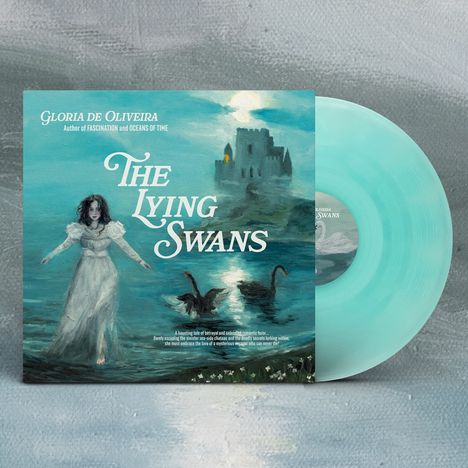 Titel: "The Lying Swans". Frau in weißem Kleid und schwarze Schwäne vor einem Mondschein-Schloss. Stimmungsvoll und geheimnisvoll.