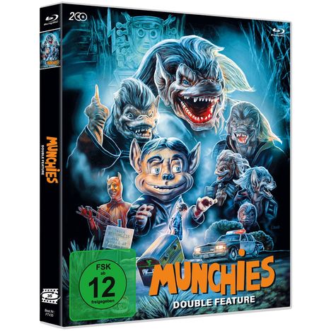 "MUNCHIES Double Feature" in orange. Mehrere monsterartige Kreaturen, Auto vorne. FSK 12-Logo unten links.