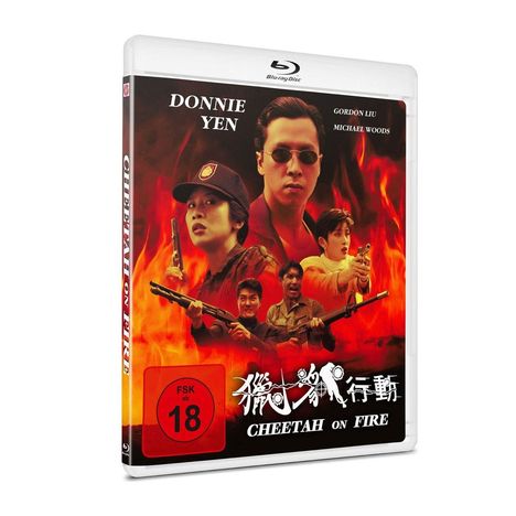 FSK 18, Donnie Yen. Cheetah on Fire. Personen mit Waffen vor Flammenhintergrund. Blu-ray Disc-Hülle.