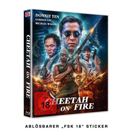 Titel: "CHEETAH ON FIRE", Namen: Donnie Yen, Gordon Liu, Michael Woods, "FSK 18". Cover mit bewaffneten Figuren.