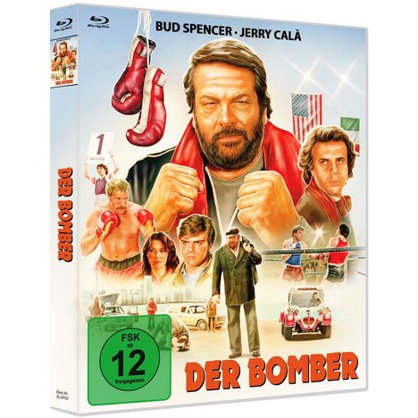 Aufschrift: "Bud Spencer · Bobby Rhodes, Der Bomber". Illustration mit boxendem Mann, Poster-ähnlicher Stil, FSK 12 Sticker.